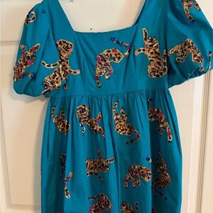 QUEEN OF SPARKLES Teal Mini Dress with Gold Leopard Sequin Appliqué